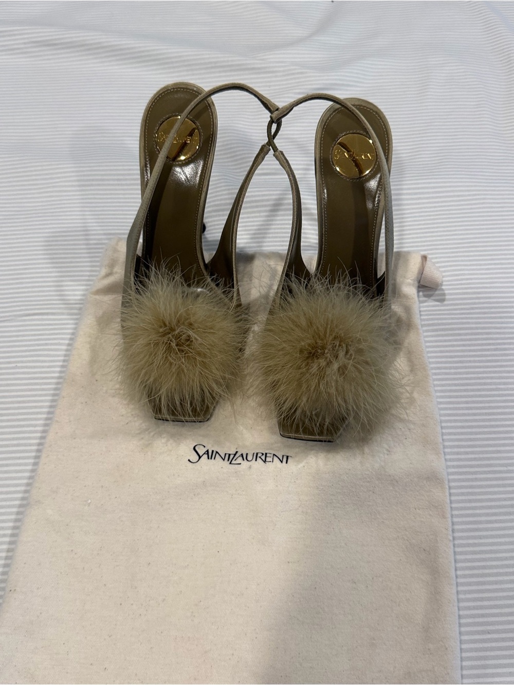 Saint Laurent Taupe Fur Pom-Pom Slingback Heels